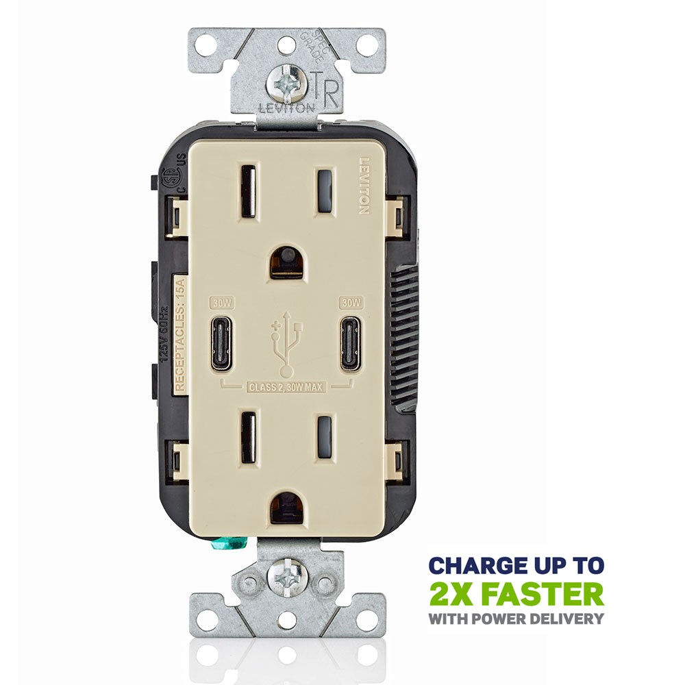 Leviton T5635-I 15 Amp, 125 Volt, Decora Tamper-Resistant Outlet. NEMA 5-15R, 30W (6 Amps), Dual Type-C/C Power