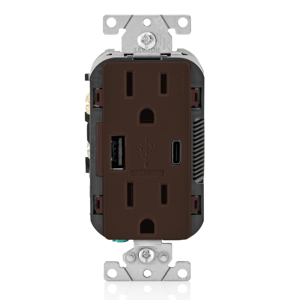 Leviton T5638-B Brown – 15 Amp, 125 Volt, Decora Tamper-Resistant Outlet. NEMA 5-15R, 18W, Type-A/C USB Chargers, Grounding