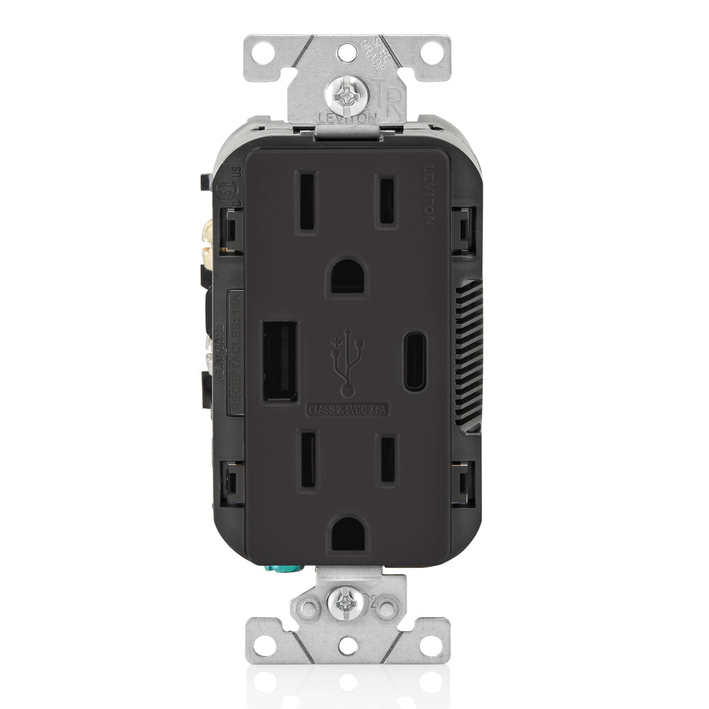Leviton T5638-E Black – 15 Amp, 125 Volt, Decora Tamper-Resistant Outlet. NEMA 5-15R, 18W, Type-A/C USB Chargers, Grounding