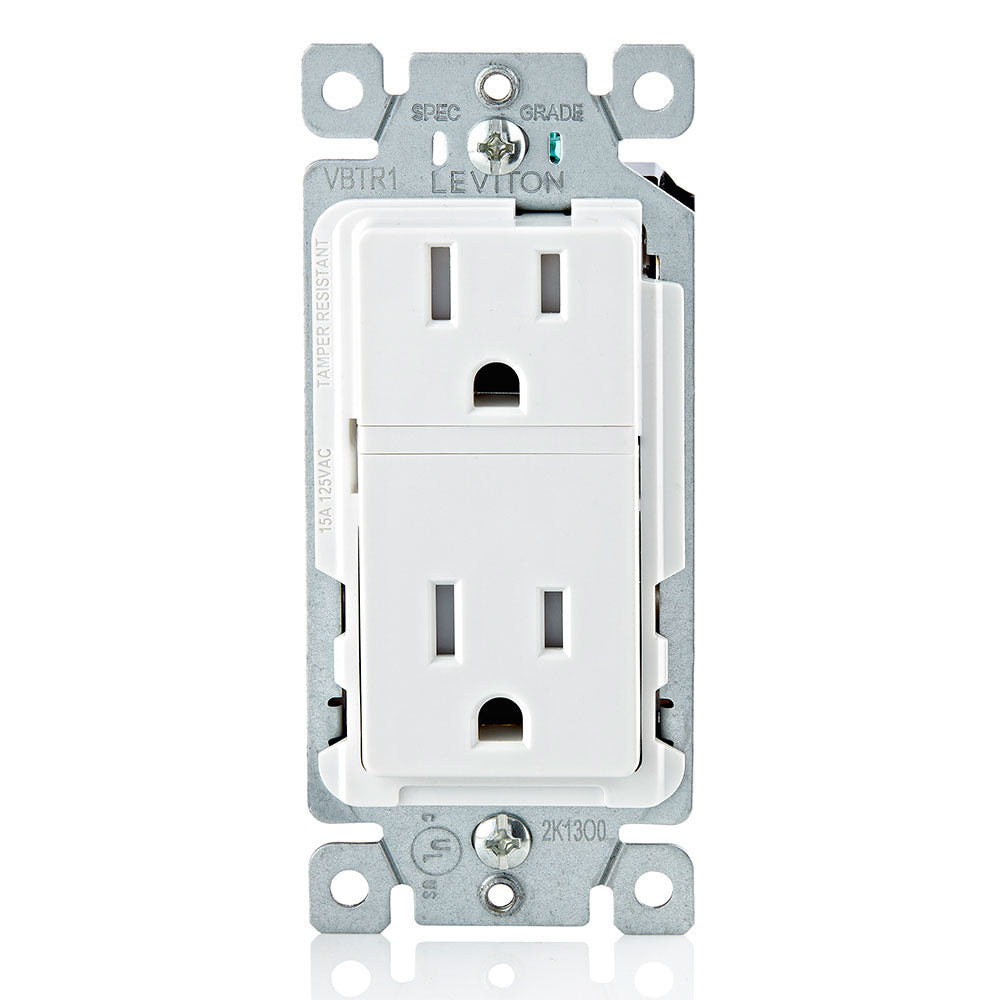 Leviton VBTR1-11W Decora Evolve Receptacle Base, Tamper-Resistant, 2 Pole 3 Wire, 15A 125V NEMA 5-15R, Residential use.