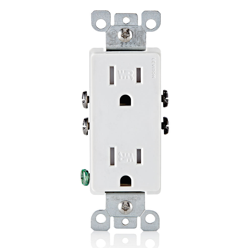 Leviton W5325-T0W White – 15 Amp, 125 Volt, NEMA: 5-15R, Pole: 2, 3-Wire, Weather and Tamper-Resistant, Decora, Duplex