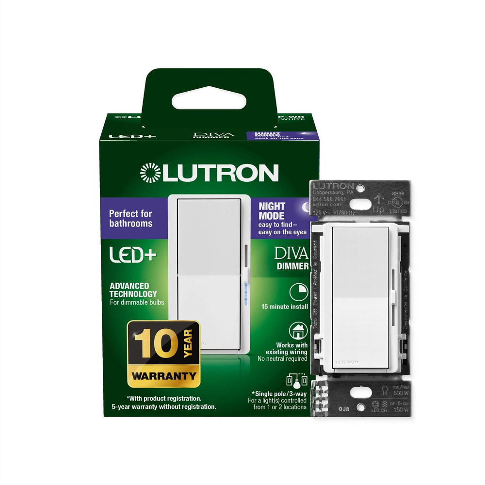 Lutron Diva Dimmer Switch with Night Mode, 150W LED, Single Pole/3-Way, No Neutral Required, 120V, DVCLN-153P-WH, White