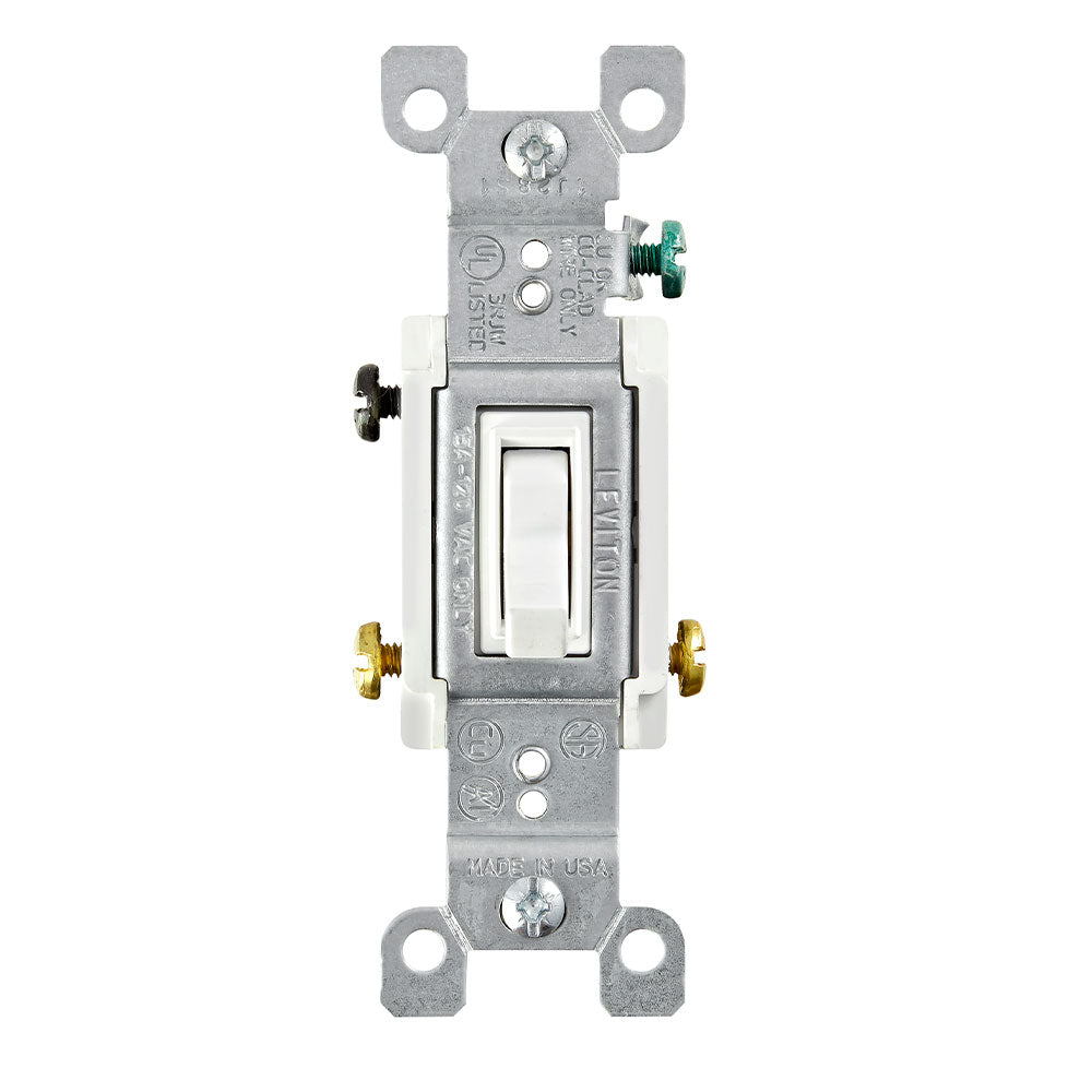 Leviton 1453-2W 15 Amp, 120 Volt, Toggle Framed 3-Way AC Quiet Switch, Residential Grade, Grounding, Quickwire