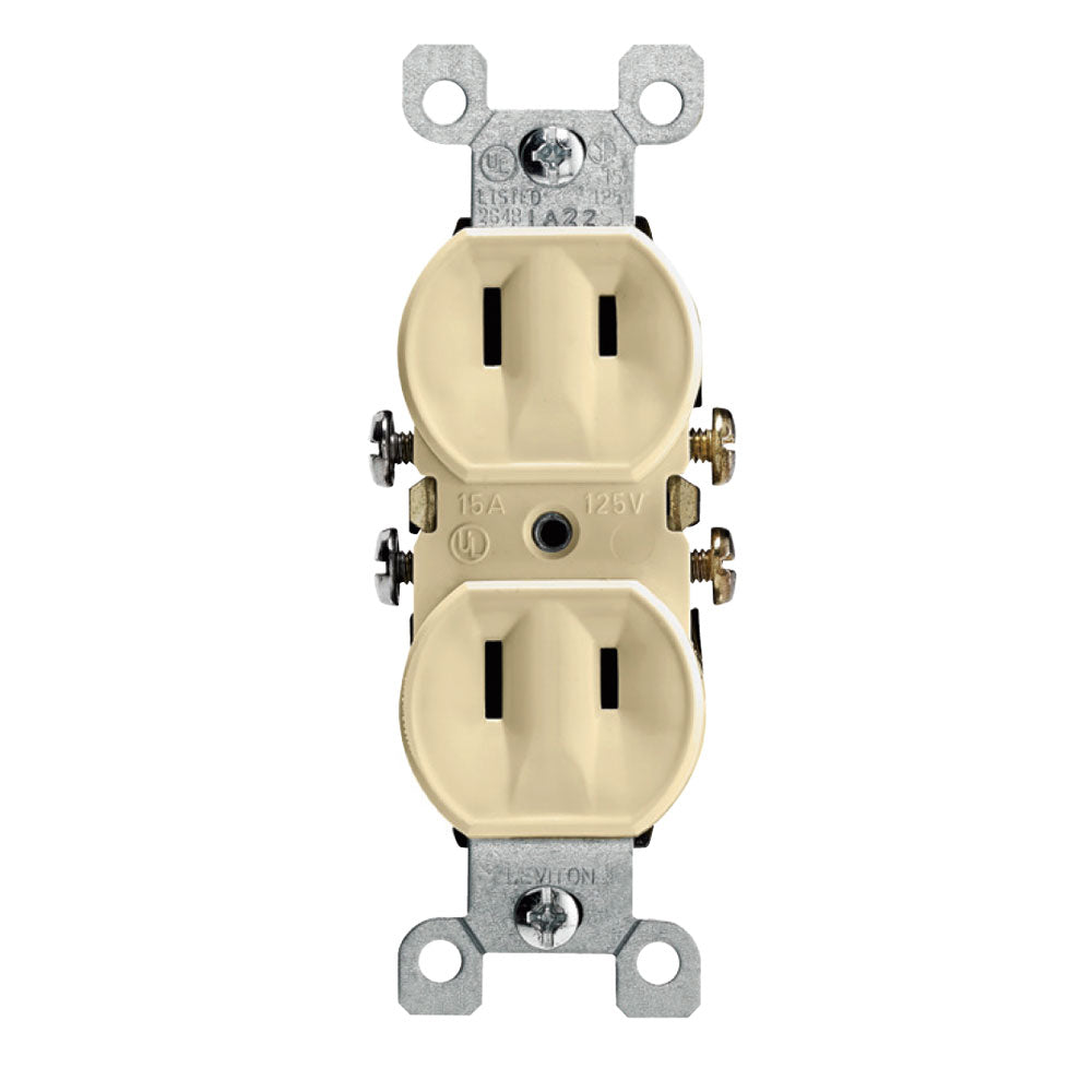 Leviton 223-I 15 Amp, 125 Volt, NEMA 1-15R, 2P, 2W, With Ears Duplex Receptacle, Straight Blade, Residential Grade