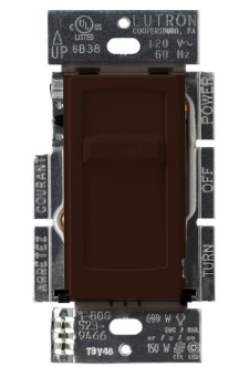Lutron Skylark Contour Slide-to-Off LED+ Dimmer Switch, 150W LED or 600W Inc/Hal, Single Pole Only, 120V, CT-150-BR, Brown