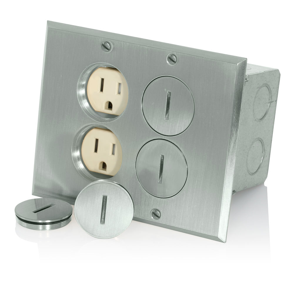 Leviton 35249-TFN 2-Gang Floor Box, 15 Amp, 125 Volt, NEMA 5-15R, 2P, 3W, Tamper-Resistant Duplex Receptacle, Straight