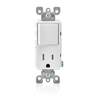 Leviton 5625-W 15 Amp, 120 Volt, Decora Single-Pole / 5-15R AC Combination Switch, Commercial Grade, Grounding, Side Wired