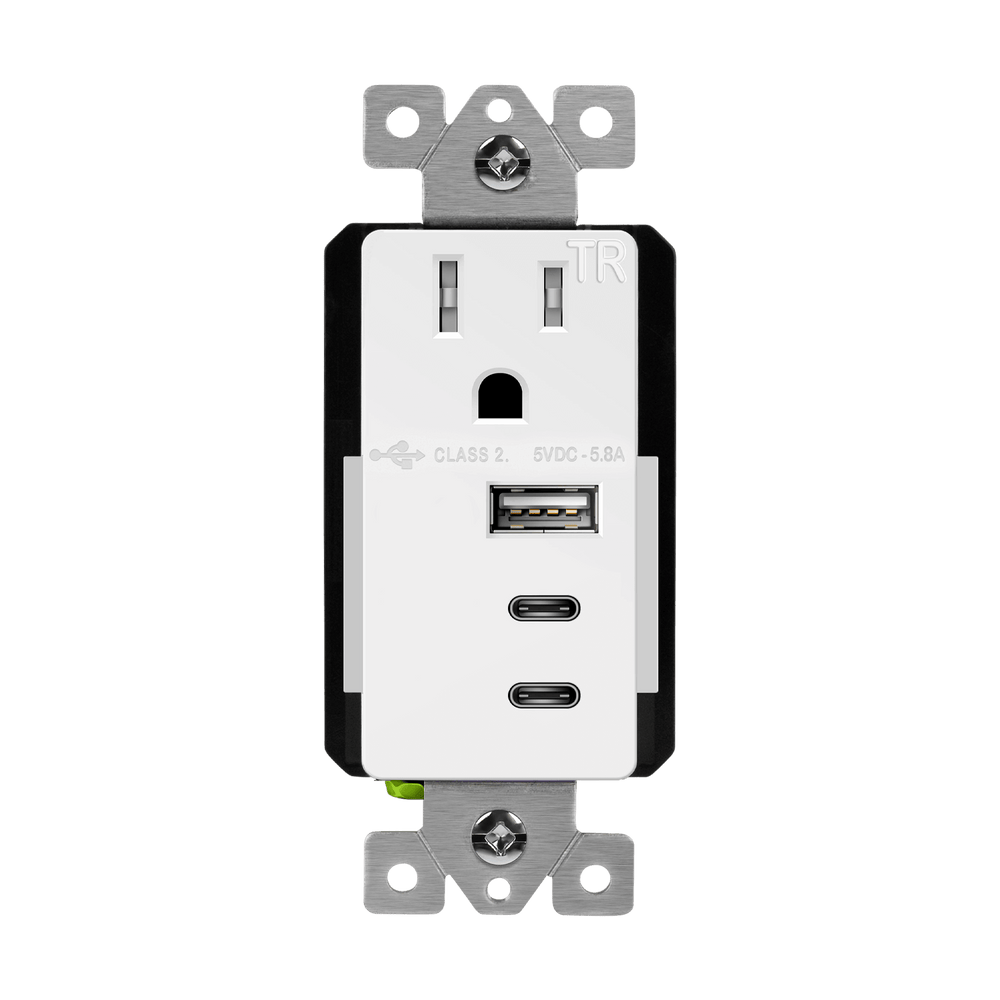 Interchangeable Type A and Dual Type-C USB Charger with 15A Tamper-Resistant Receptacle