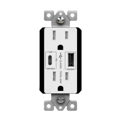USB Outlet, USB-C and USB-A, 60W Power Delivery, Tamper-Resistant 15A Duplex Receptacles