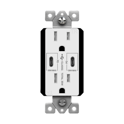 Dual USB-C Outlet, 36W Power Delivery, Tamper-Resistant 15A Duplex Receptacles