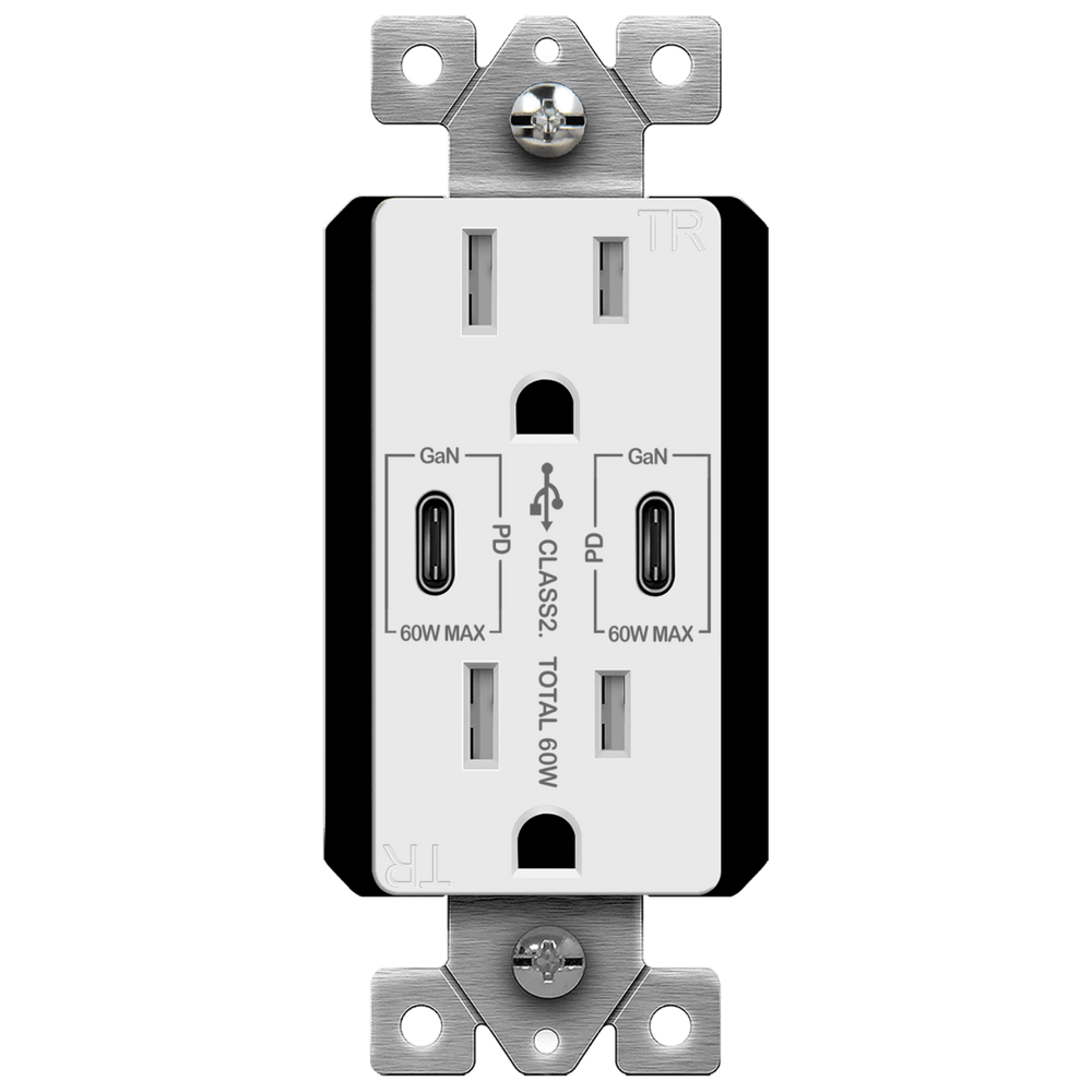 Dual USB-C Outlet, 60W Power Delivery, Tamper-Resistant 15A Duplex Receptacles