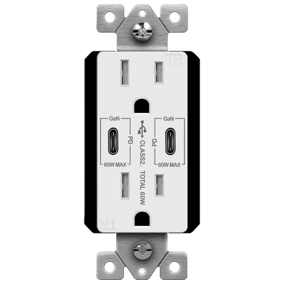 Dual USB-C Outlet, 60W Power Delivery, Tamper-Resistant 15A Duplex Receptacles
