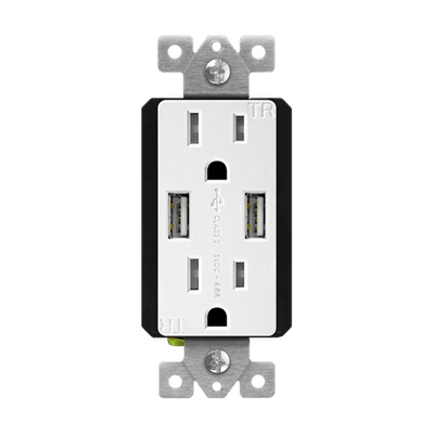 Dual Type-A USB Charger with 15A Duplex Tamper-Resistant Receptacles and Interchangeable Face Covers