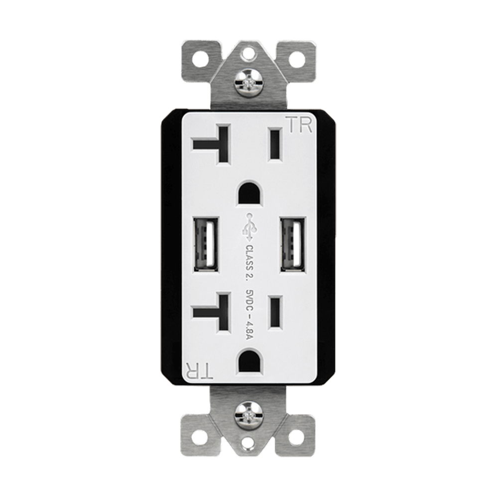 Dual Type-A USB Charger with 20A Duplex Tamper-Resistant Receptacles and Interchangeable Face Covers