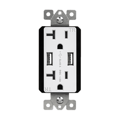 Dual Type-A USB Charger with 20A Duplex Tamper-Resistant Receptacles and Interchangeable Face Covers