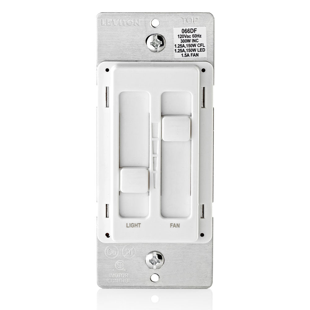 Leviton 66DF-10W SureSlide Dual Quiet Fan and Light Control. 150W-120VAC dimmable LED and CFL, 300W-120VAC