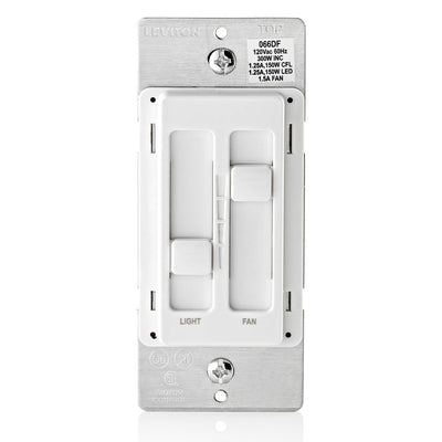 Leviton 66DF-10W SureSlide Dual Quiet Fan and Light Control. 150W-120VAC dimmable LED and CFL, 300W-120VAC