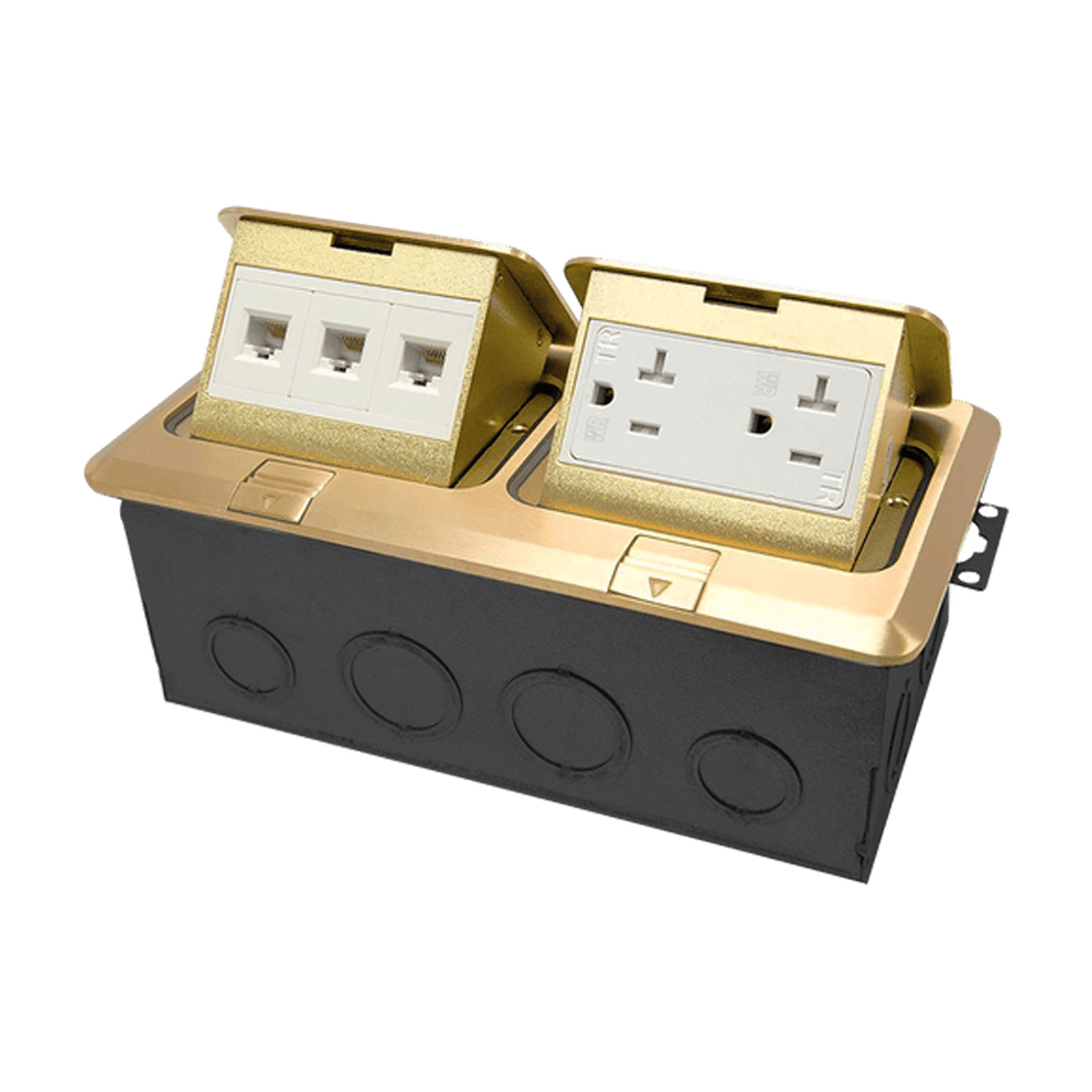 Two-Gang Pop-Up Floor Box Kit with 20A Decorator Duplex Tamper & Weather Resistant Receptacle and RJ45