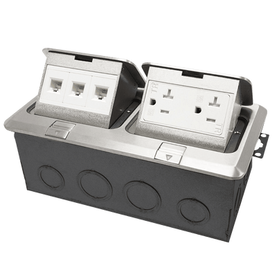 Two-Gang Pop-Up Floor Box Kit with 20A Decorator Duplex Tamper & Weather Resistant Receptacle and RJ45