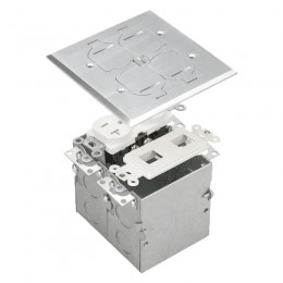 Two-Gang Floor Box Kit with Flip Lid Cover, 20A Duplex Tamper & Weather Resistant Receptacle and Datacom
