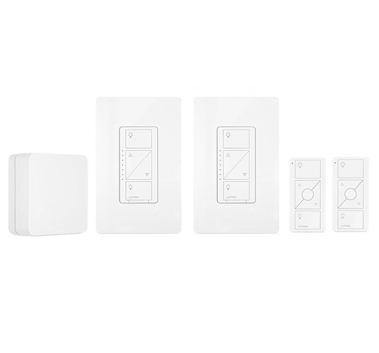 Lutron Caseta Smart Dimmer Switch Kit: Includes Smart Hub, 2 Original In-Wall Dimmers, 2 Pico Remotes, 2 Pedestals, and More, P-BDG-PKG2W, White