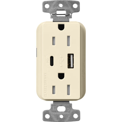 Lutron Claro 15A Tamper-Resistant USB Type A and C Duplex Receptacle, Decorator Style outlet, Gloss Finish, CAR-15-ACTR-AL, Almond