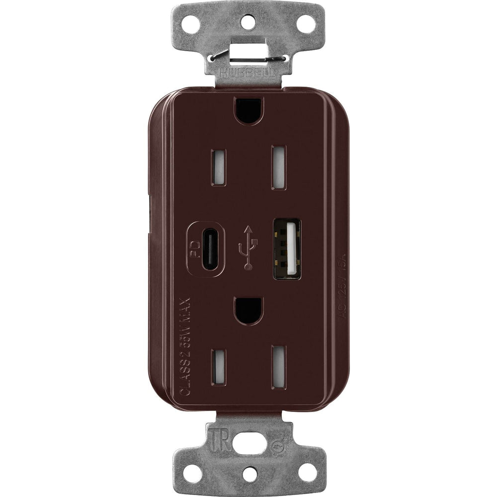 Lutron Claro 15A Tamper-Resistant USB Type A and C Duplex Receptacle, Decorator Style outlet, Gloss Finish, CAR-15-ACTR-BR, Brown