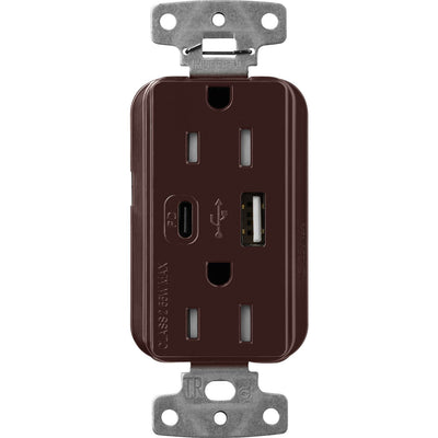 Lutron Claro 15A Tamper-Resistant USB Type A and C Duplex Receptacle, Decorator Style outlet, Gloss Finish, CAR-15-ACTR-BR, Brown