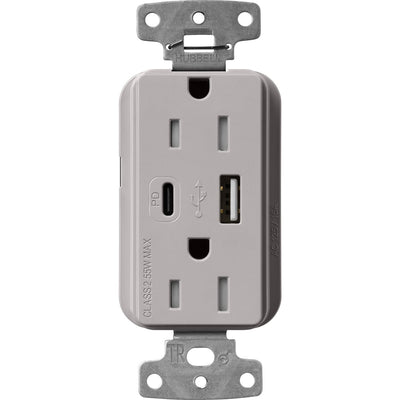 Lutron Claro 15A Tamper-Resistant USB Type A and C Duplex Receptacle, Decorator Style outlet, Gloss Finish, CAR-15-ACTR-GR, Gray