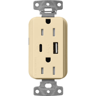 Lutron Claro 15A Tamper-Resistant USB Type A and C Duplex Receptacle, Decorator Style outlet, Gloss Finish, CAR-15-ACTR-IV, Ivory