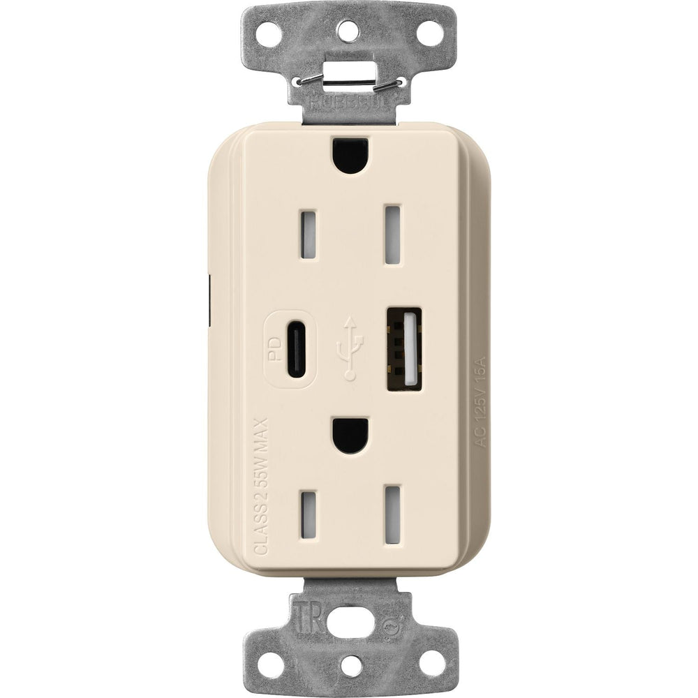 Lutron Claro 15A Tamper-Resistant USB Type A and C Duplex Receptacle, Decorator Style outlet, Gloss Finish, CAR-15-ACTR-LA, Light Almond