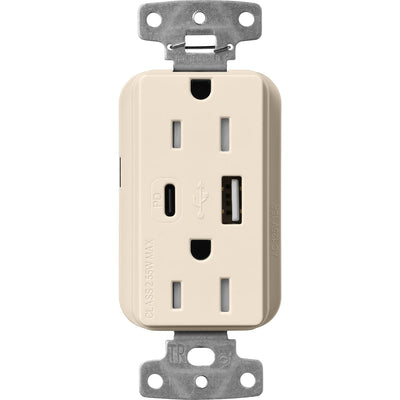 Lutron Claro 15A Tamper-Resistant USB Type A and C Duplex Receptacle, Decorator Style outlet, Gloss Finish, CAR-15-ACTR-LA, Light Almond
