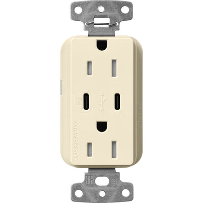 Lutron Claro 15A Tamper Resistant USB Type C Duplex Receptacle Designer style receptacles, Gloss Finish, CAR-15-CCTR-WH, Almond.