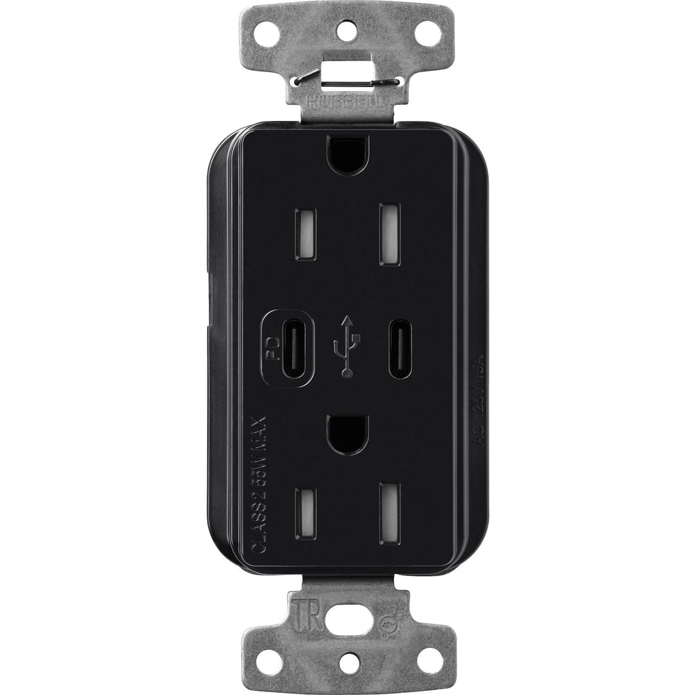 Lutron Claro 15A Tamper Resistant USB Type C Duplex Receptacle Designer style receptacles, Gloss Finish, CAR-15-CCTR-BL, Black.