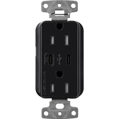 Lutron Claro 15A Tamper Resistant USB Type C Duplex Receptacle Designer style receptacles, Gloss Finish, CAR-15-CCTR-BL, Black.