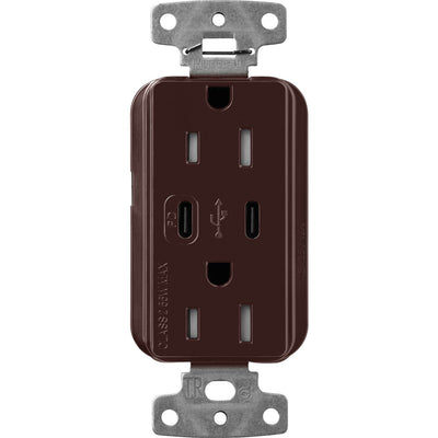 Lutron Claro 15A Tamper Resistant USB Type C Duplex Receptacle Designer style receptacles, Gloss Finish, CAR-15-CCTR-BR, Brown.