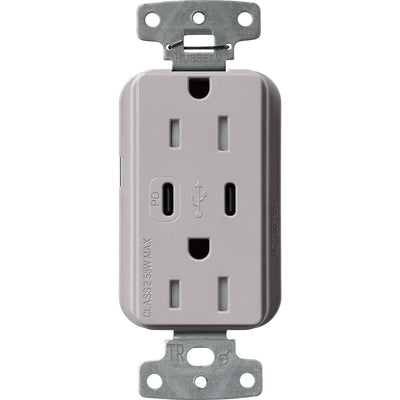 Lutron Claro 15A Tamper Resistant USB Type C Duplex Receptacle Designer style receptacles, Gloss Finish, CAR-15-CCTR-GR, Gray.