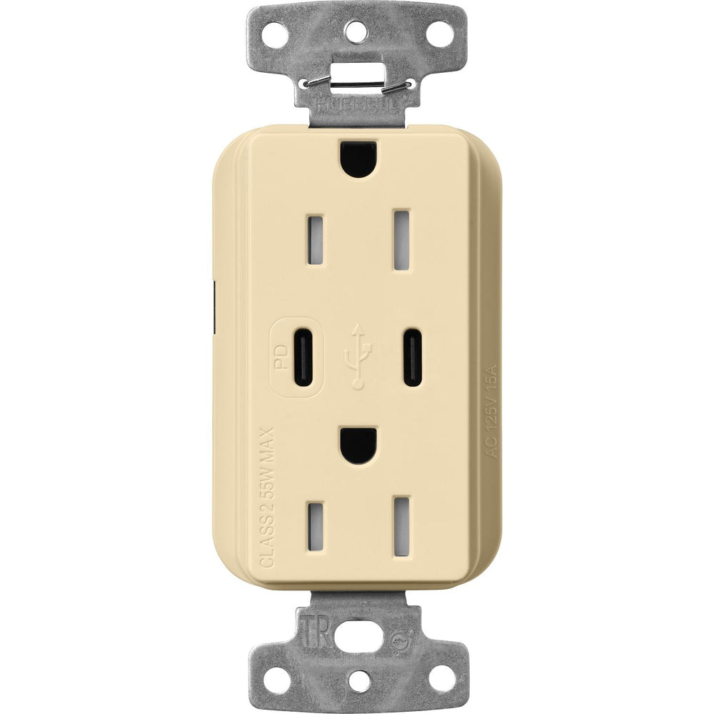 Lutron Claro 15A Tamper Resistant USB Type C Duplex Receptacle Designer style receptacles, Gloss Finish, CAR-15-CCTR-IV, Ivory.