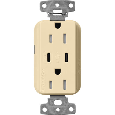 Lutron Claro 15A Tamper Resistant USB Type C Duplex Receptacle Designer style receptacles, Gloss Finish, CAR-15-CCTR-IV, Ivory.