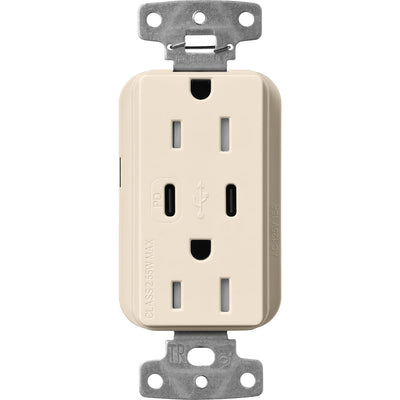 Lutron Claro 15A Tamper Resistant USB Type C Duplex Receptacle Designer style receptacles, Gloss Finish, CAR-15-CCTR-LA, Light Almond.