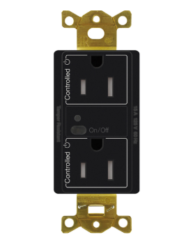 Lutron Vive RF Wireless Receptacle, 15A Split (Half-Switching) Duplex, Decorator-Style Outlet, Gloss Finish, CAR2S-15-STR-BL, Black