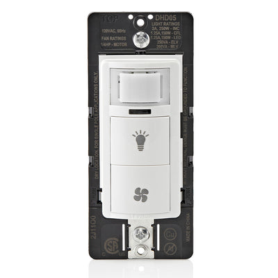 Leviton DHD05-1LW White – Decora Combination Humidity Sensor and Fan Control with Light Switch, single pole. Fan Load (Blue