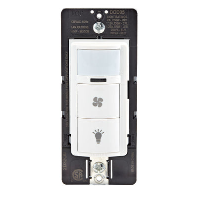Leviton DOD05-1LW White – Decora Combination Occupancy Sensor with Fan Switch, single pole/single pole. Fan Load (Blue Wire):