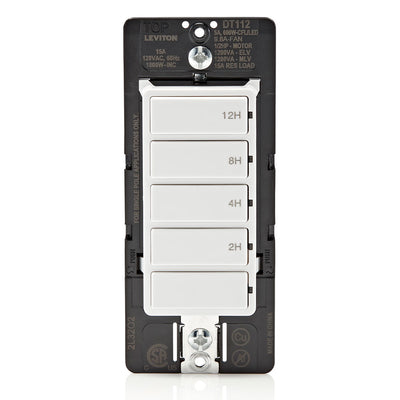 Leviton DT112-1LW The Decora 12-Hour Countdown Timer Switch has 5 buttons with 2-hour, 4-hour, 8-hour and 12-hour