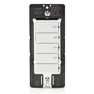 Leviton DT212-1LW 12-Hour Countdown Timer Switch has 5-buttons with 2-hour, 4-hour, 8-hour and 12-hour time