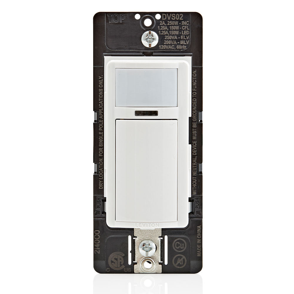 Leviton DVS02-1LW Decora Vacancy Motion Sensor Light Switch. 180° PIR manual-on, automatic-off, single pole, 150W