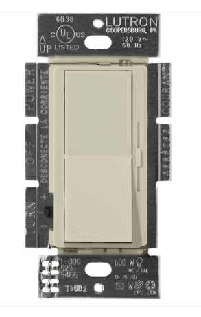 Lutron Diva Reverse-Phase Dimmer Switch w/ Night Light, 250W LED or 500W ELV, Single Pole/3-Way, Neutral Required, 120V, DVRP-253P-CY, Clay