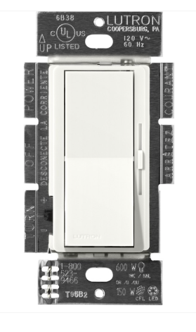 Lutron Diva Reverse-Phase Dimmer Switch w/ Night Light, 250W LED or 500W ELV, Single Pole/3-Way, Neutral Required, 120V, DVRP-253P-GL, Glacier White