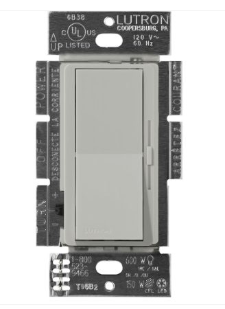 Lutron Diva Reverse-Phase Dimmer Switch w/ Night Light, 250W LED or 500W ELV, Single Pole/3-Way, Neutral Required, 120V, DVRP-253P-PB, Pebble