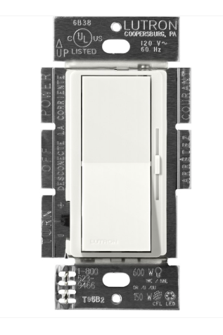 Lutron Diva Reverse-Phase Dimmer Switch w/ Night Light,250W LED or 500W ELV,Single Pole/3-Way, Neutral Req'd, 120V, DVRP-253P-RW, Architectural White